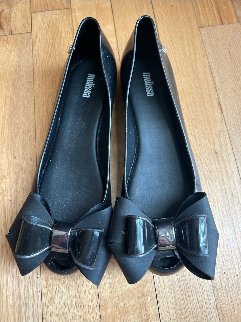 Melissa Black Peep-Toe Bow Flats
